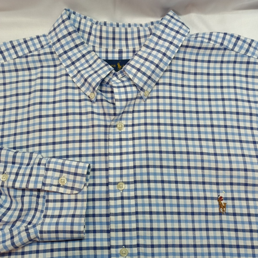 Ralph Lauren Mens 3XB Blue Gingham Check Cotton Button Down Shirt Casual Preppy
